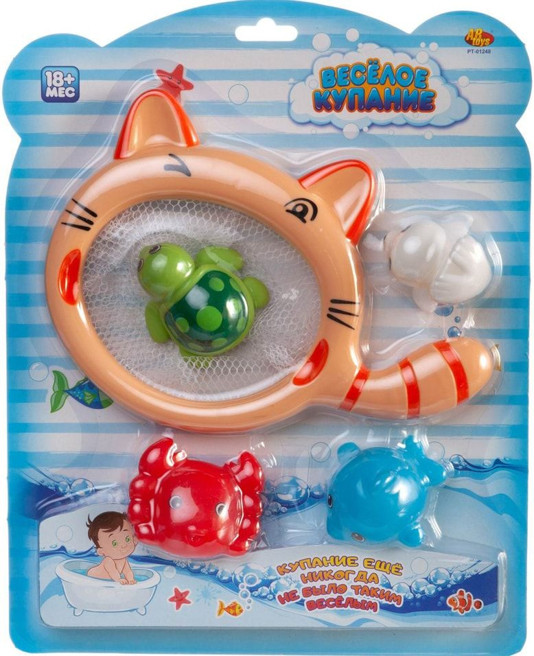 Набор игрушек для ванны ABtoys Веселое купание Морские обитатели 4 фигурки и сачок-кошка х3шт  #1