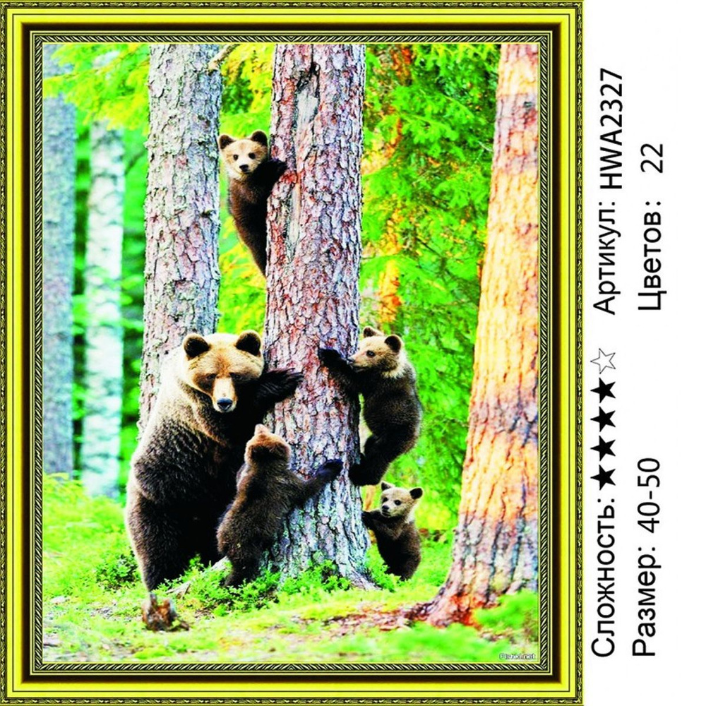 Алмазная мозаика 40х50см на подрамнике. Семейство бурых медведей. Животные.  #1