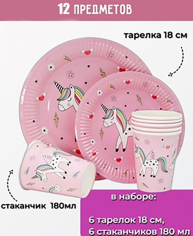 Набор одноразовой бумажной посуды для детского праздника "Радужный Единорог, Розовый" из 2 предметов #1