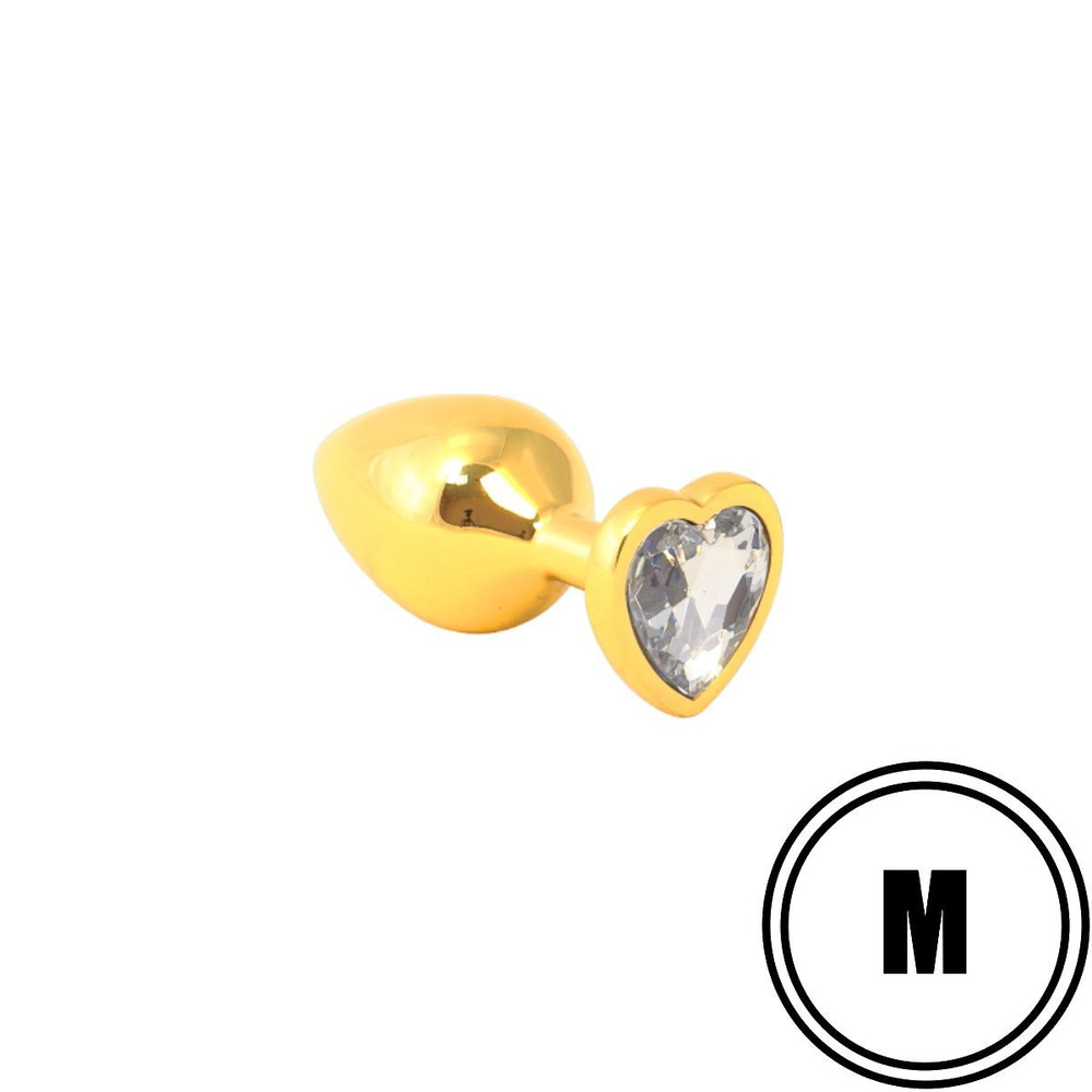 Золотая металлическая анальная пробка с прозрачным камушком в виде сердечка M  #1