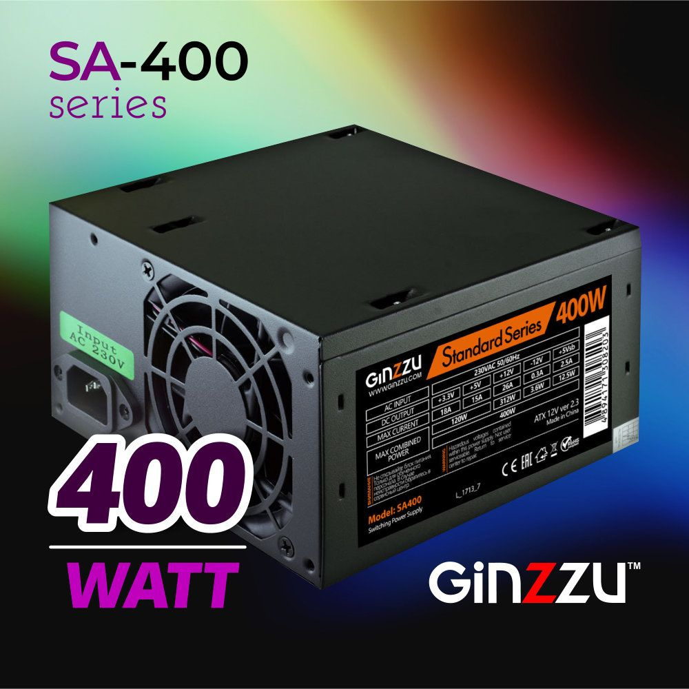 Блок питания Ginzzu SA400 ATX, 8cm fan, 20+4pin +4Pin, 2*SATA, 2*IDE Черный #1