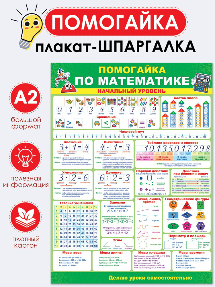 Обучающий плакат "Помогайка по математике", А2, 44х60 см, Картон  #1