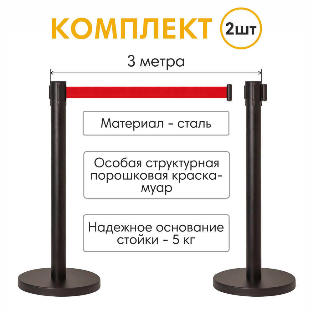 Мобильная стойка ограждения с вытяжной красной лентой 3 метра, комплект 2 шт, с креплениями для стены #1