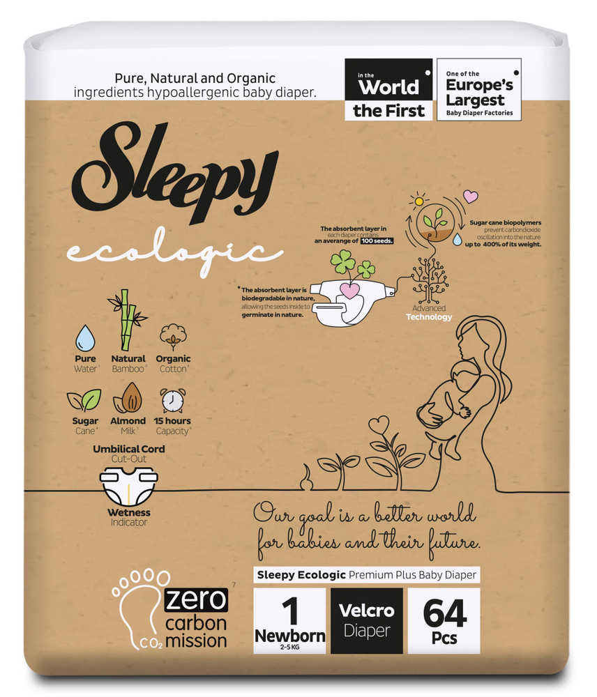 Детские подгузники SLEEPY ECOLOGIC BABY DIAPER NO.1 (2-5 кг) 64 шт #1