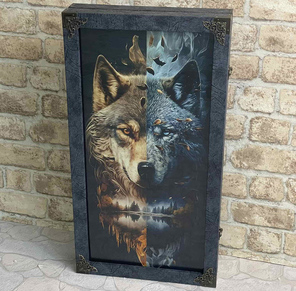 Нарды большие деревянные со стеклом с рисунком "Огненный Волк", размер 60х60 см, подарочные нарды, обтянуты #1