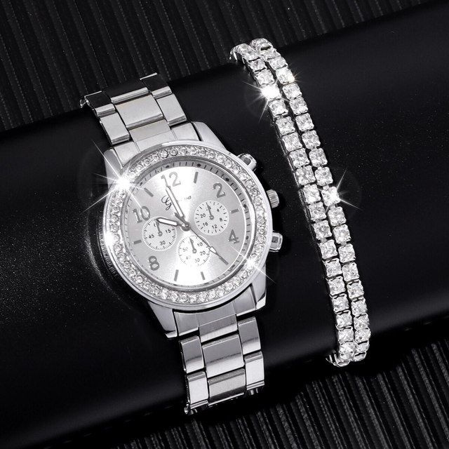 Женские кварцевые часы Geneva с инкрустацией камнями и стальным ремешком + браслеты 2 шт  #1