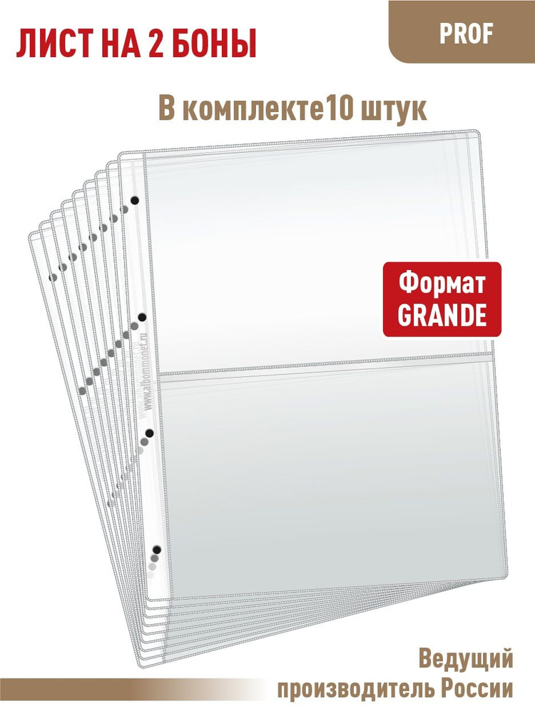 Комплект из 10 листов "ПРОФ" для хранения бон (банкнот) на 2 ячейки. Формат "GRAND".Размер 250х310 мм. #1