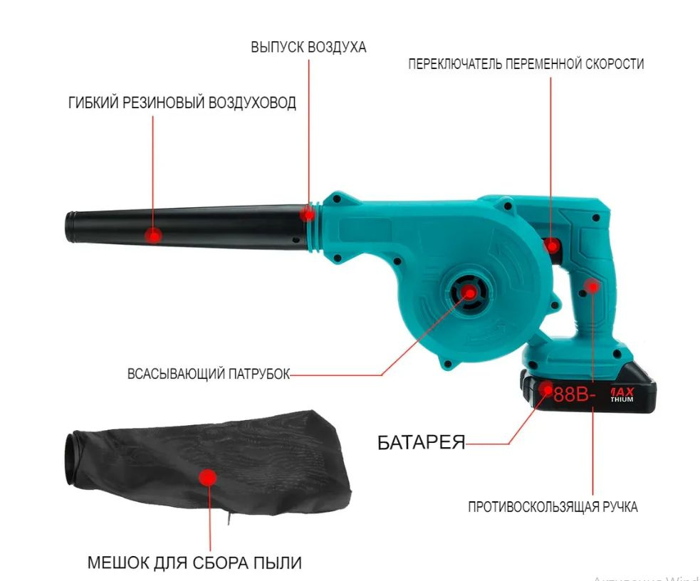 Аккумуляторная воздуходувка-пылесос 388Vf (13000 об./мин., 4.0Ah, 2 акб(Li-ion), + мешок  #1