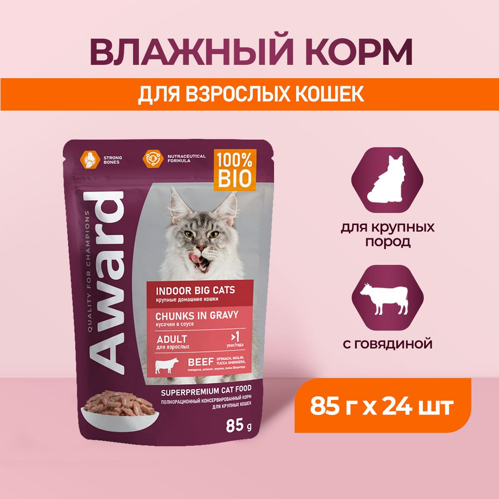 AWARD Indoor Big Cats влажный корм для взрослых домашних кошек крупных пород, кусочки в соусе с говядиной, #1