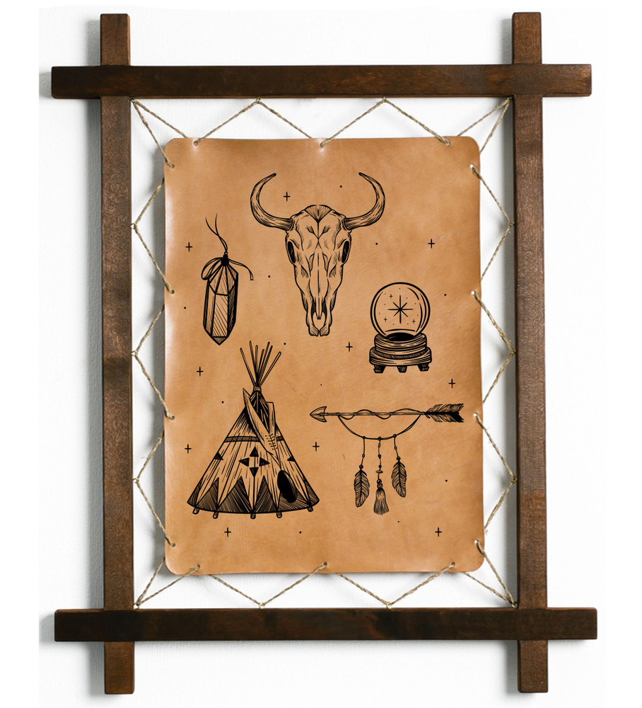Картина Индейская тематика, гравировка на натуральной коже, интерьерная ...
