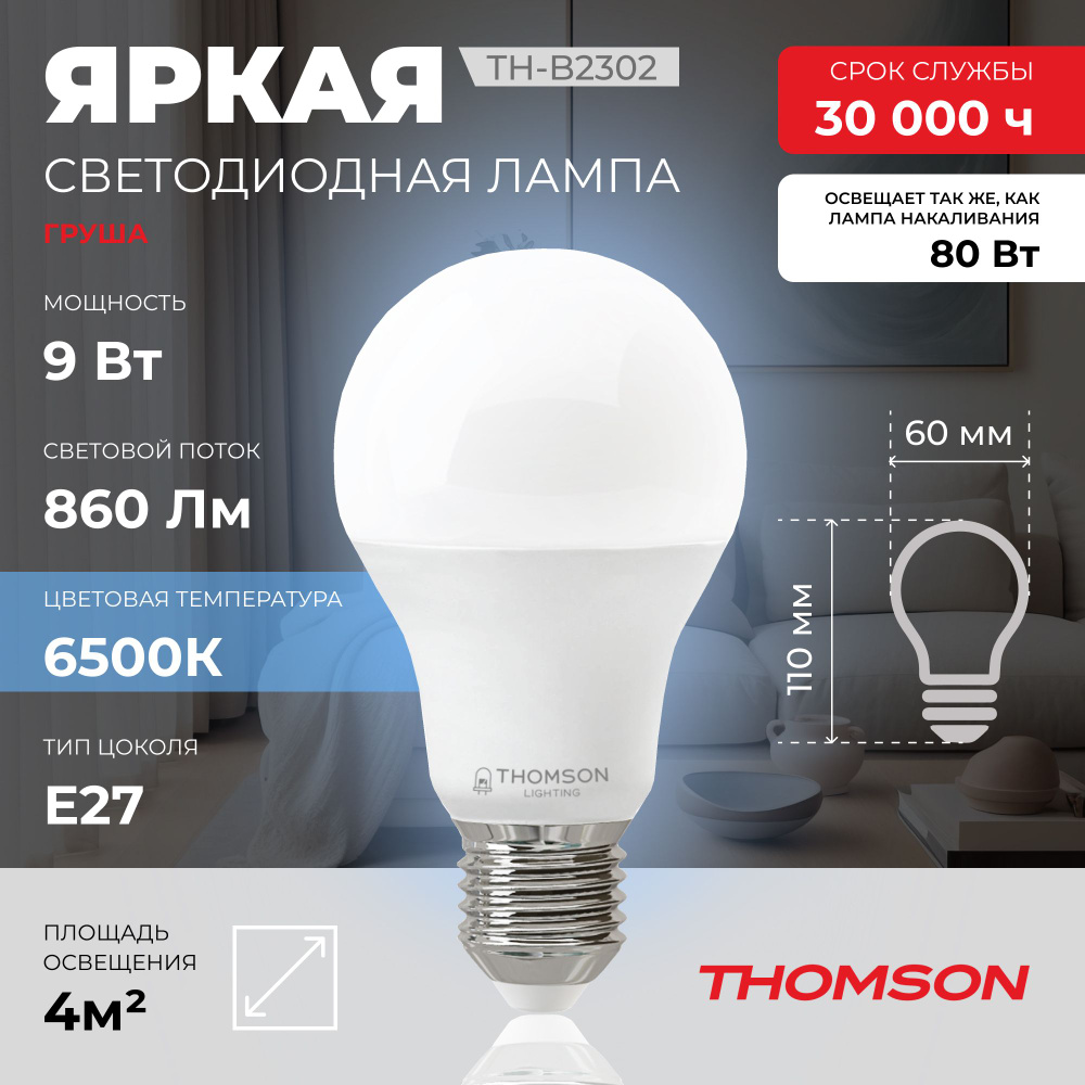Лампочка Thomson TH-B2302 9 Вт, E27, 6500К, холодный белый свет #1