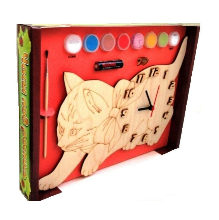 Часы с циферблатом под роспись "Кошка" с красками #1