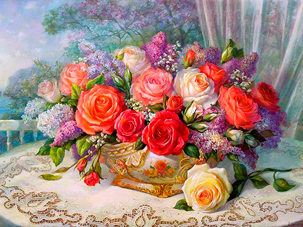 Картина по номерам на холсте 40х50 40 x 50 на подрамнике "Розы с сиренью в корзине на столе" DVEKARTINKI #1