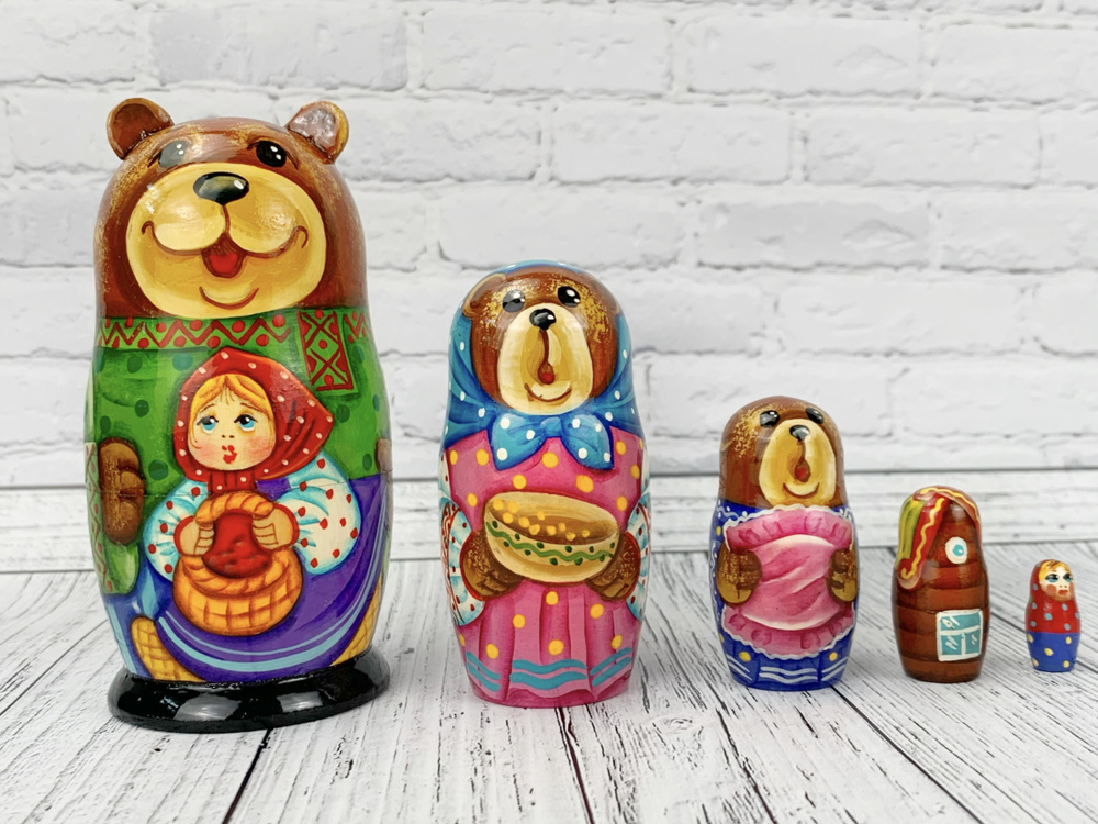 Матрешка деревянная детская игрушка сказка Маша и медведи 5 мест 12 см  #1