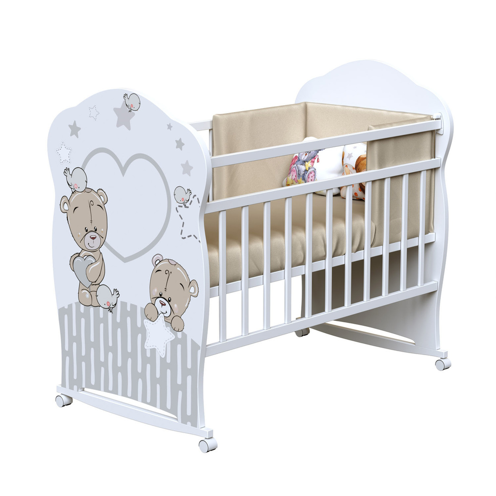 Кроватка детская ВДК Forever Friends для новорожденных, колесо-качалка, массив березы, белый  #1