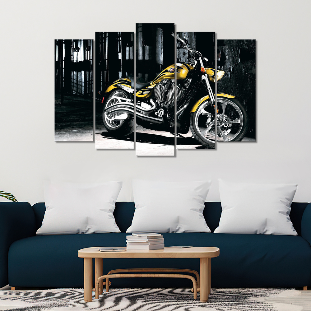 Модульная картина для интерьера на стену Мотоцикл, желтый байк в городе 100х70  #1