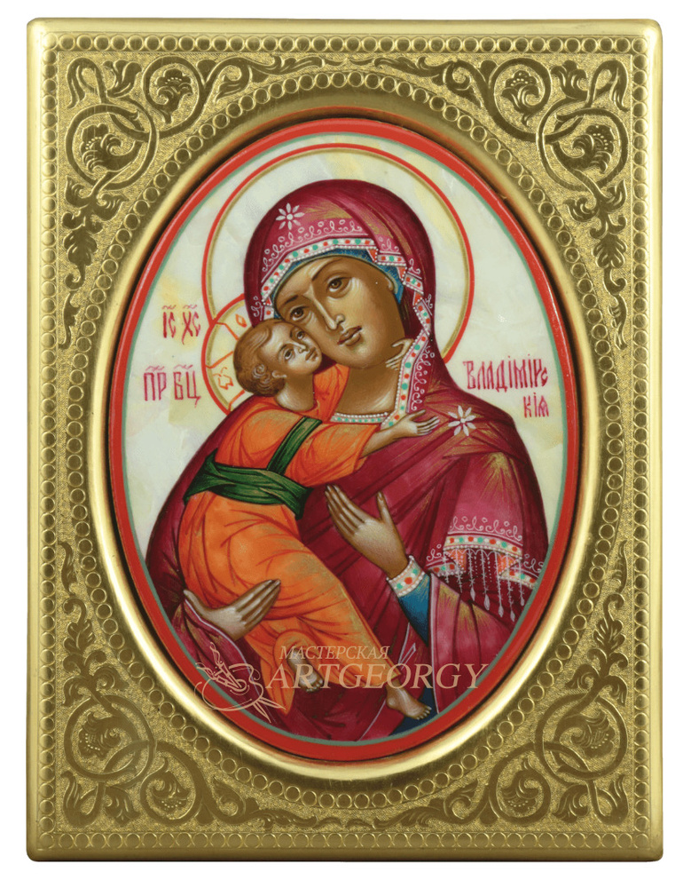 Рукописная икона "Богоматерь Владимирская" на перламутре, 14*18,5 см  #1