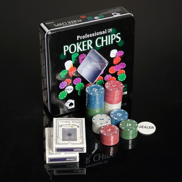Покер, набор для игры (карты 2 колоды, фишки 100 шт.), с номиналом, 20 х 20 см  #1