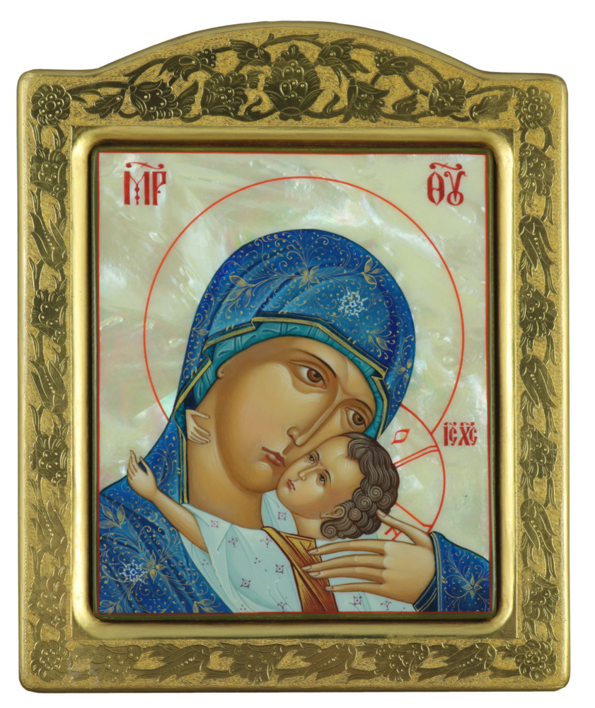 Рукописная икона "Умиление Пресвятой Богородиць" на перламутре, 16*19,5 см  #1