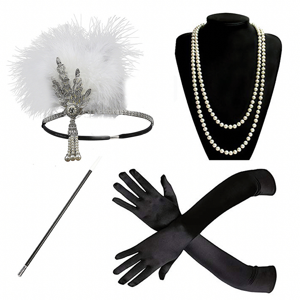 Повязка, перчатки, жемчужное ожерелье и мундштук, набор для вечеринки в стиле 20-х годов, Казино, Великий #1