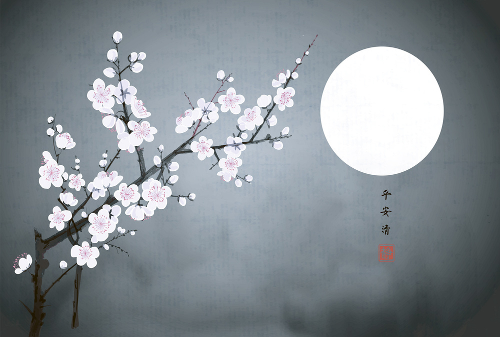 Фотообои на стену URBAN Design UDS-182 Японская живопись Лунная ночь, 200 х 135 см, флизеиновые  #1
