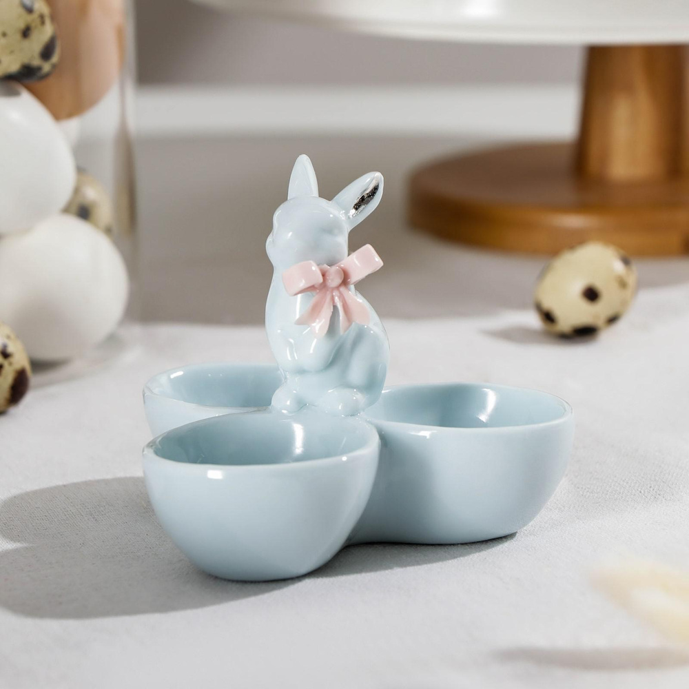 Менажница "Кролик", блюдо для сервировки из керамики, тарелка для подачи закусок, цвет голубой, 3 секции, #1