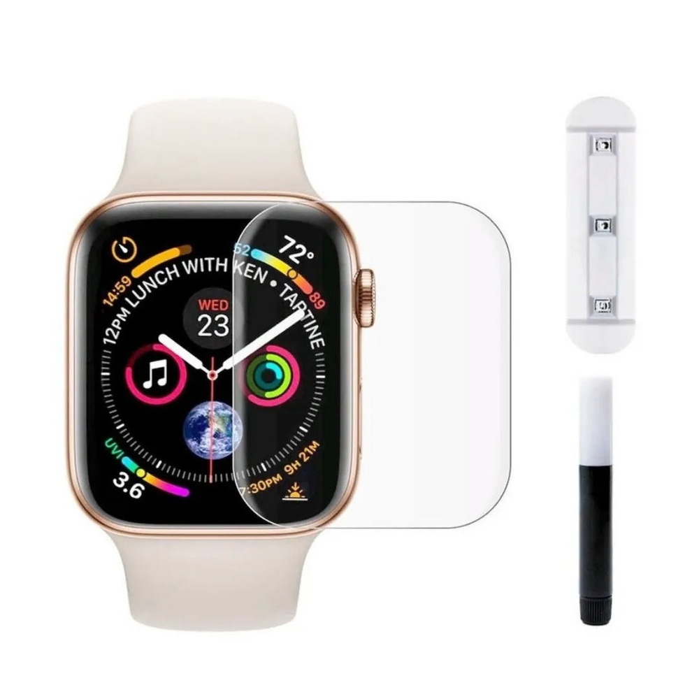 Защитное стекло "UV комплект" для Apple Watch 4 5 6 SE / эпл вотч 4 5 6 се (44 мм) (клей, лампа)  #1