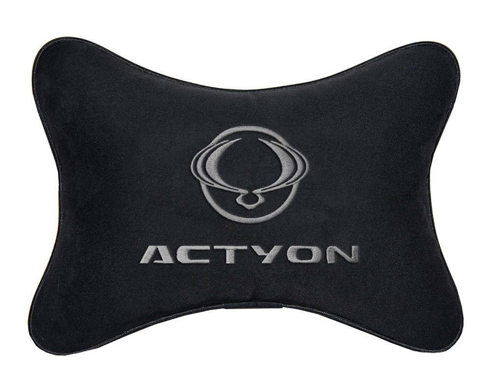 Автомобильная подушка на подголовник алькантара Black с логотипом автомобиля SsangYong Actyon  #1