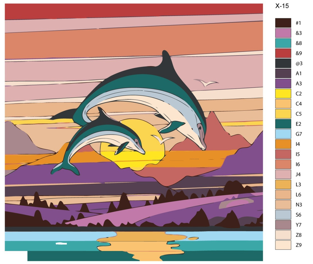 Картина по номерам X-15 "Подводный мир. Дельфины в прыжке" 40х40  #1