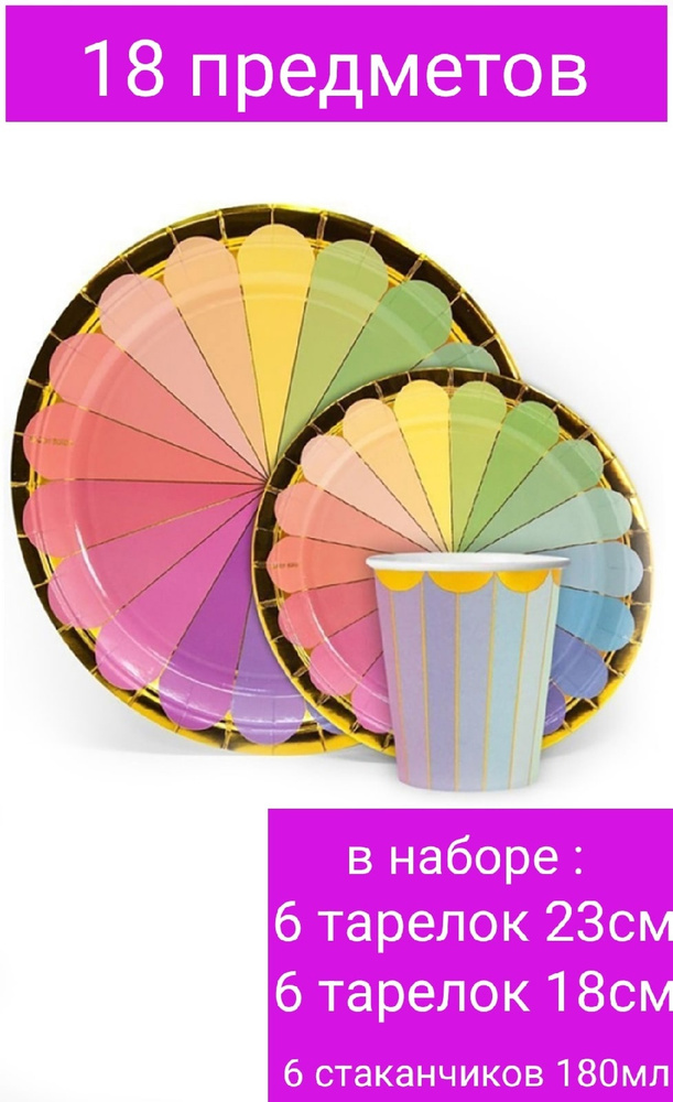 Одноразовая посуда для праздника на день рождения детская /Одноразовые тарелки и стаканы/ Радужный спектр, #1