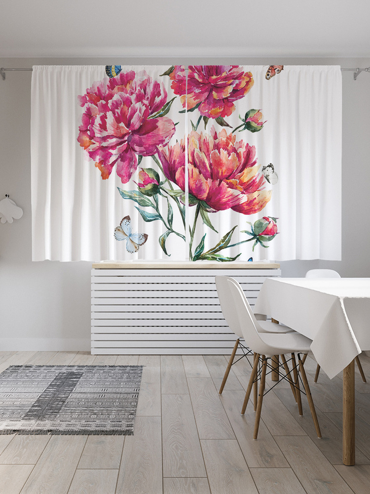 Фотошторы для кухни и спальни JoyArty Oxford DeLuxe "Бабочки над пионами", 2 полотна со шторной лентой #1