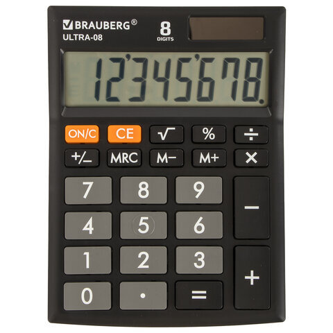 Калькулятор настольный BRAUBERG ULTRA-08-BK, КОМПАКТНЫЙ (154x115 мм), 8 разрядов, двойное питание, ЧЕРНЫЙ, #1