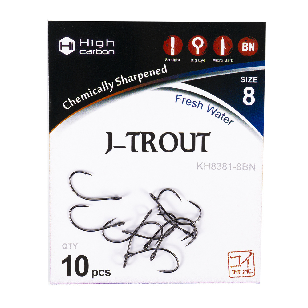Крючки для рыбалки 10штук KOI J-Trout №8, цвет Black Nickel #1