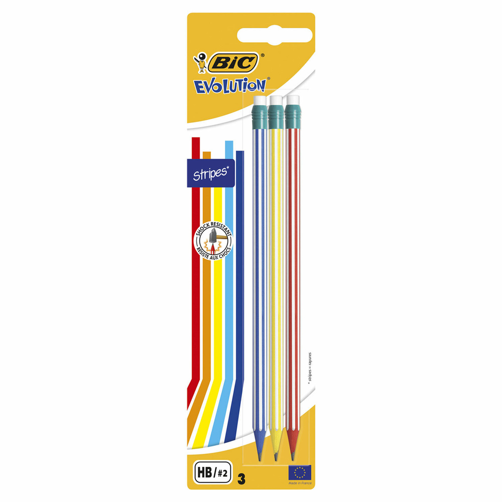 Карандаши чернографитные BIC Evolution "Stripes", НАБОР 3 шт., HB, с ластиком, блистер, 8902781, 1ед. #1