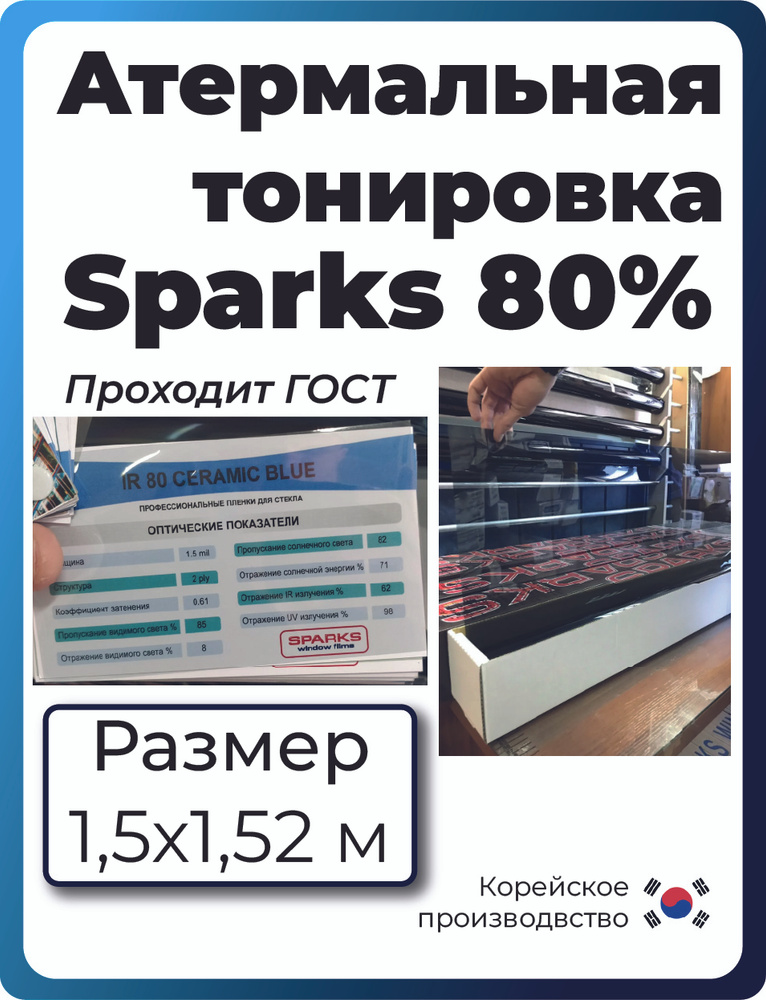 Атермальная плёнка SPARKS IR 80 Ceramic Blue 152х150см Проходит Гост на лобовое стекло + 2 боковых керамическое #1