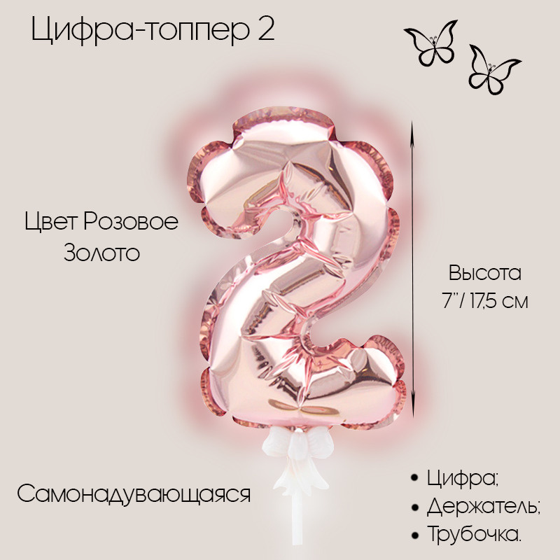 Воздушный шар цифра-топпер 2 Розовое золото, набор #1