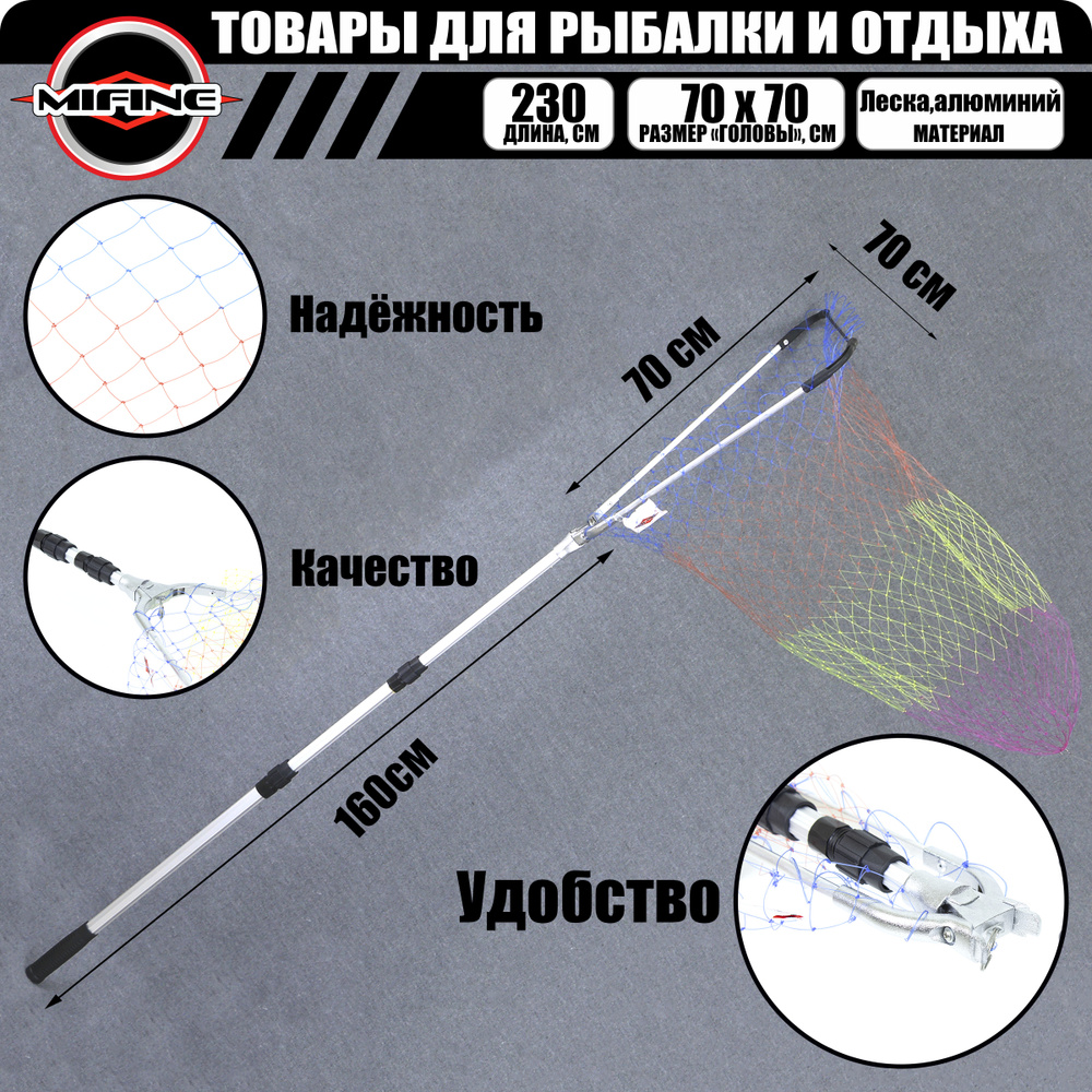 Подсак рыболовный ТРЕУГОЛЬНЫЙ MIFINE 1,6 метра (ЛЕСКА ЦВЕТНАЯ) голова 70см  #1
