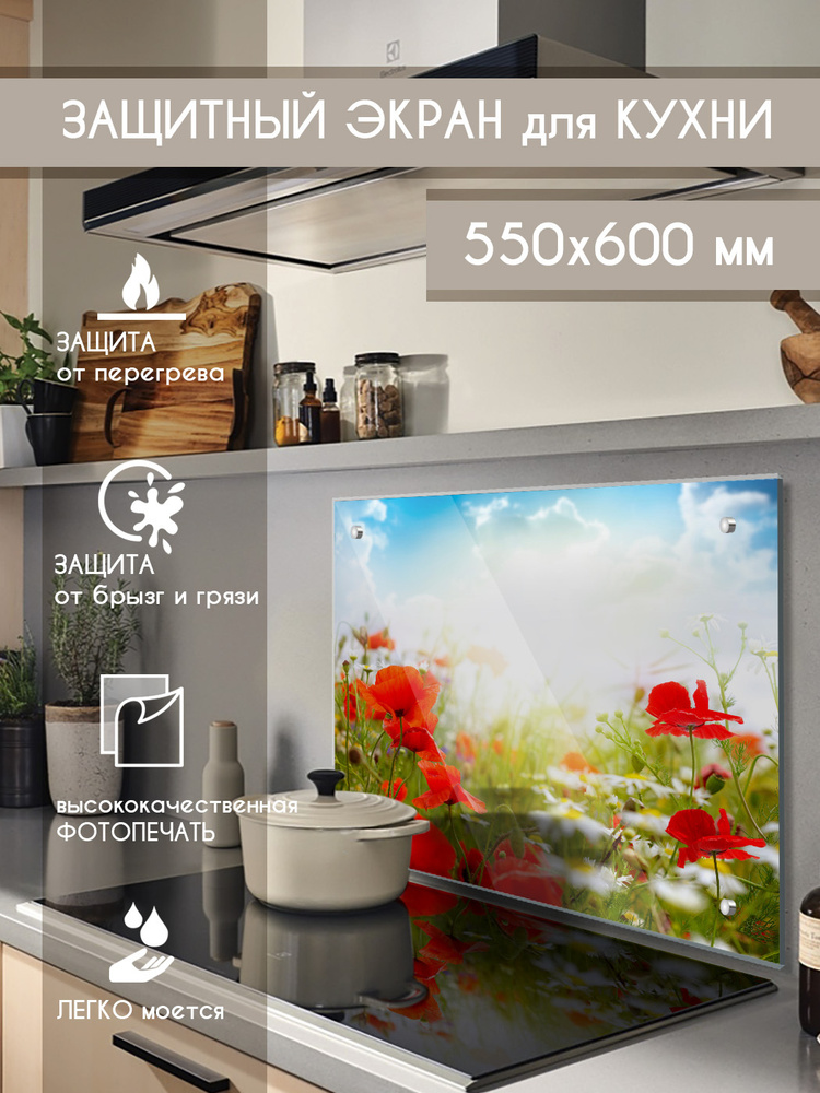 Защитный экран из закаленного стекла на кухонный фартук 600х550х4мм с фотопечатью  #1