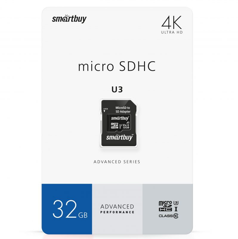 Карта памяти скоростная MicroSDHC 32 Gb SmartBuy class 10 Advanced 90/55 Mb/s U3 V30 A1 (SB32GBSDU1A-AD) #1