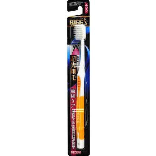 EBISU Зубная щетка средней жесткости с экстратонкими щетинками и прорезиненной ручкой. Цвет желтый. Серия #1