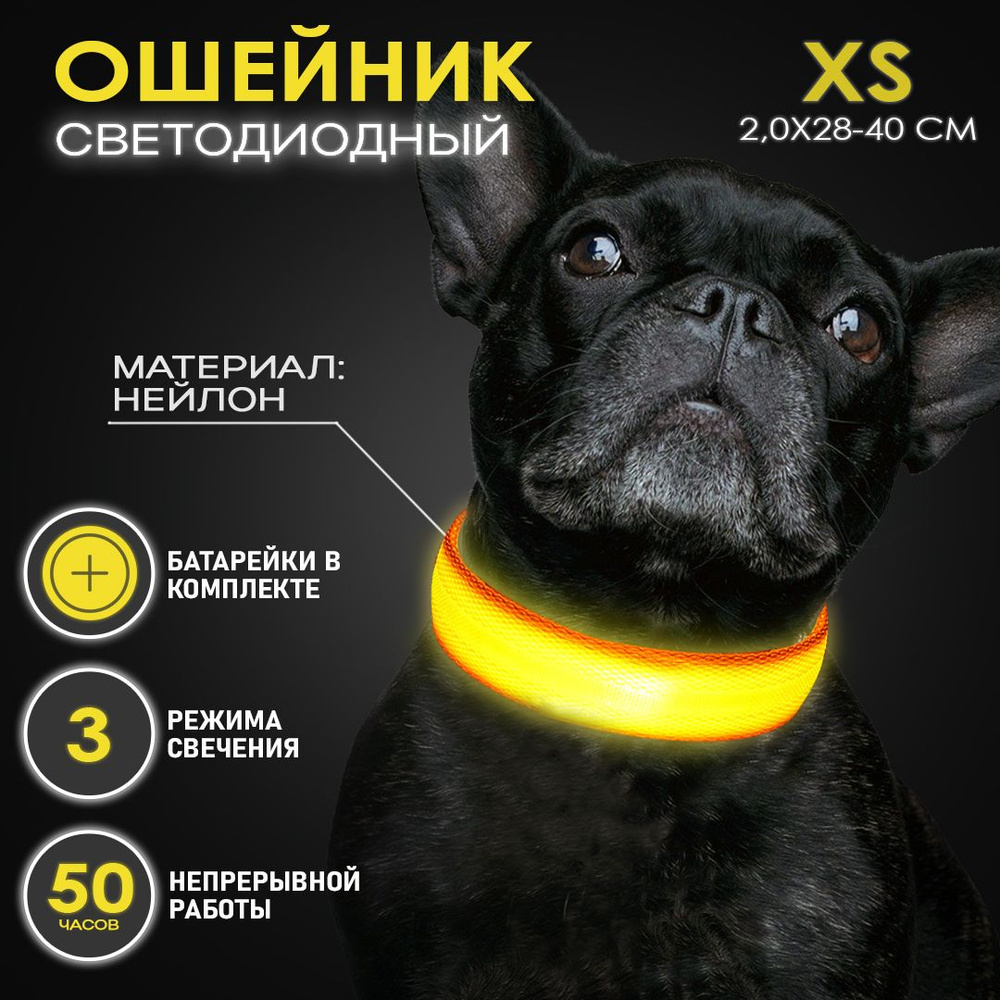Ошейник светящийся для собак и кошек светодиодный нейлоновый желтого цвета, размер XS - 2,0х28-40 см #1