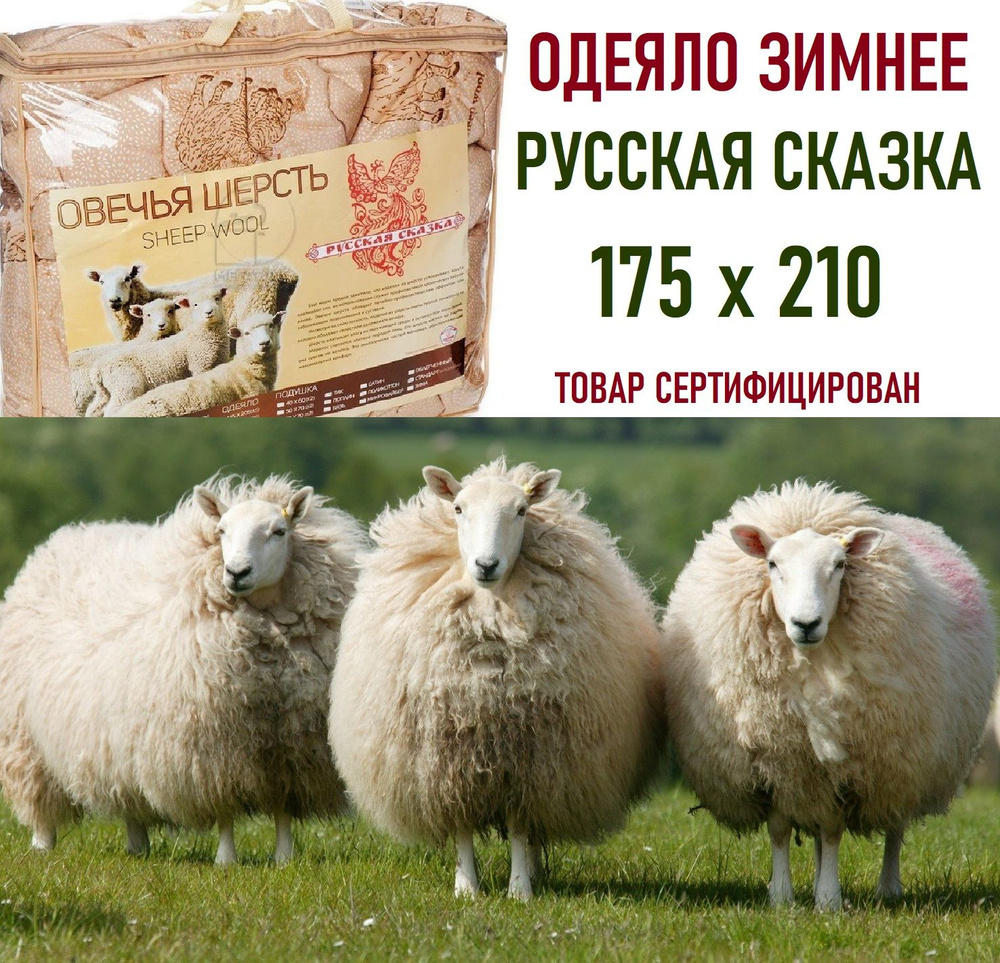 Русская Сказка Одеяло Двуспальный 175x210 см, Зимнее, с наполнителем Овечья шерсть  #1