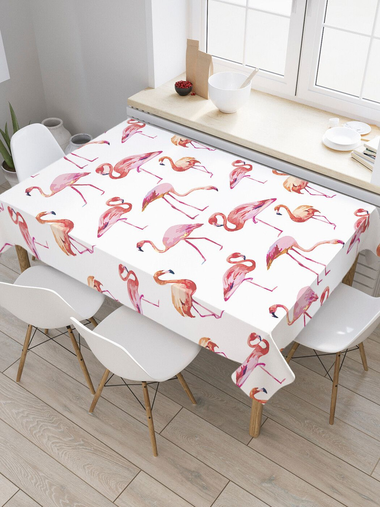 Прямоугольная водоотталкивающая скатерть на стол JoyArty с рисунком "Игры фламинго" 120 на 145 см  #1