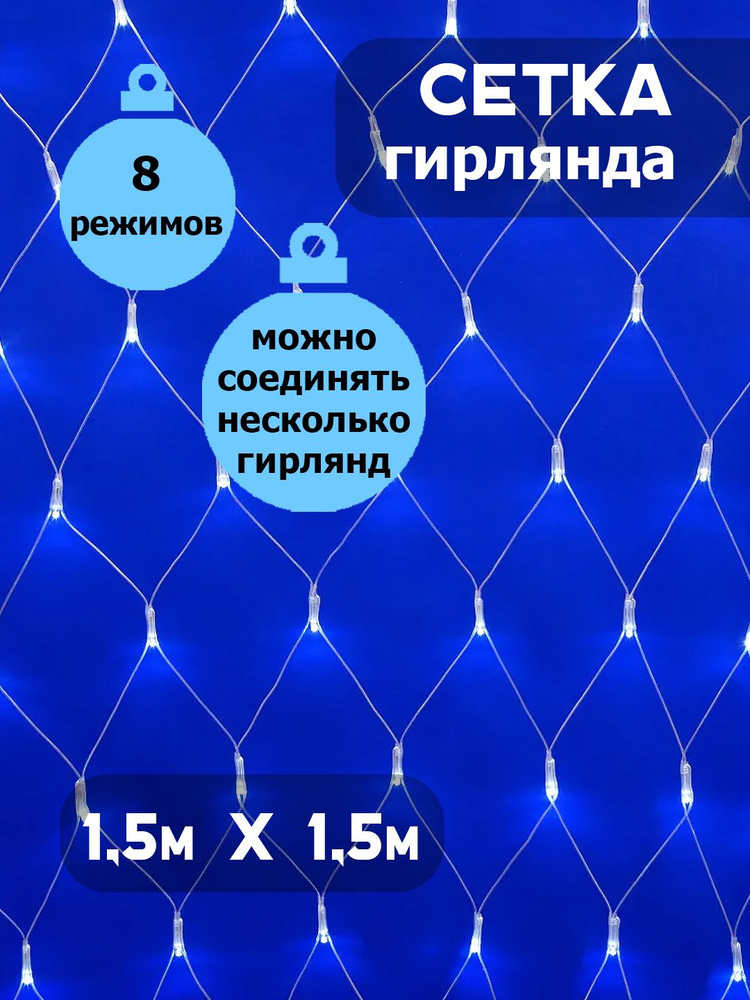 Гирлянда Сетка, светодиодная, прозрачный шнур, 1,5 х 1,5 метра, синяя, соединяемая, 220В  #1