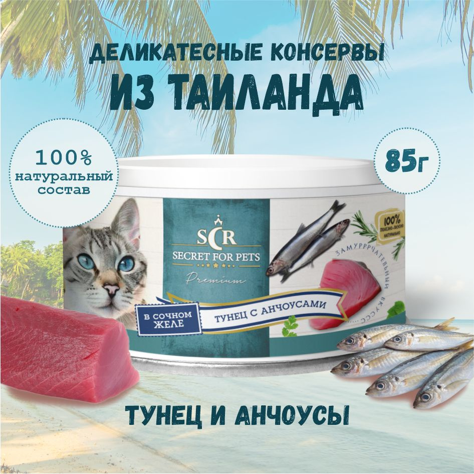 Влажный корм для кошек Secret Premium тунец с анчоусами в желе, влажный корм, 85г  #1