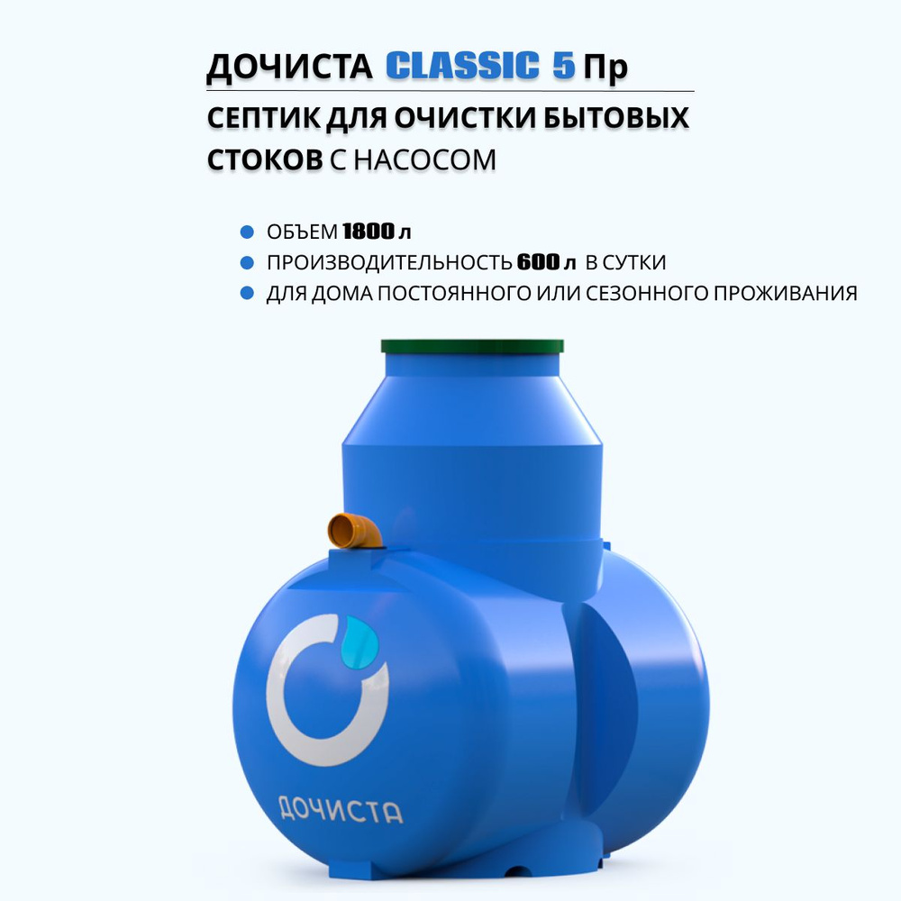 Септик с насосом ДОЧИСТА КЛАССИК 5 ПР 1800 л для дачи и дома - купить с ...