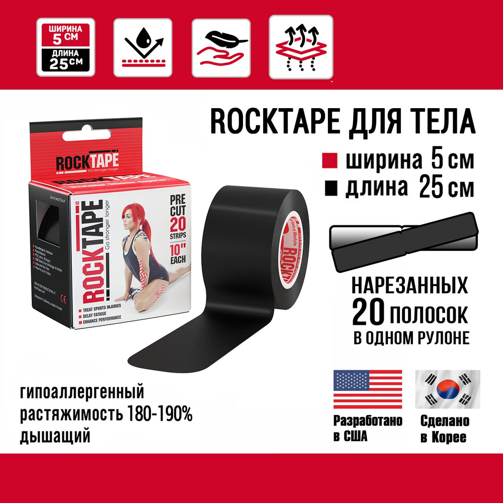 Кинезио тейп Rocktape pre-cut 5см х 25см (20 шт.), преднарезанный, черный  #1