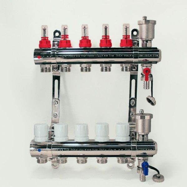 Коллекторная группа для теплого пола с расходомерами 1" X 5 выходов / входов / гребенка, латунный корпус #1