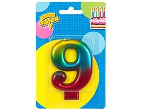 Свеча для торта цифра "9" Радуга металлик 8 см #1