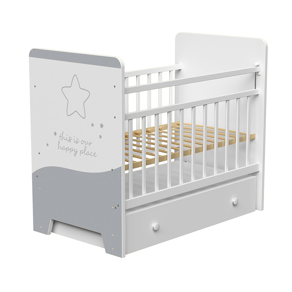Кроватка детская ВДК Cosmic для новорожденных, с маятником и ящиком для белья, массив березы, белый  #1